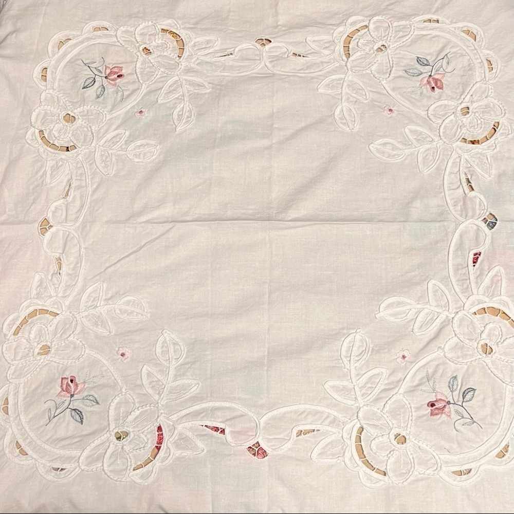 Vintage Cutwork and Embroidered Off White Square Tablecloth Circa 1980s Floral